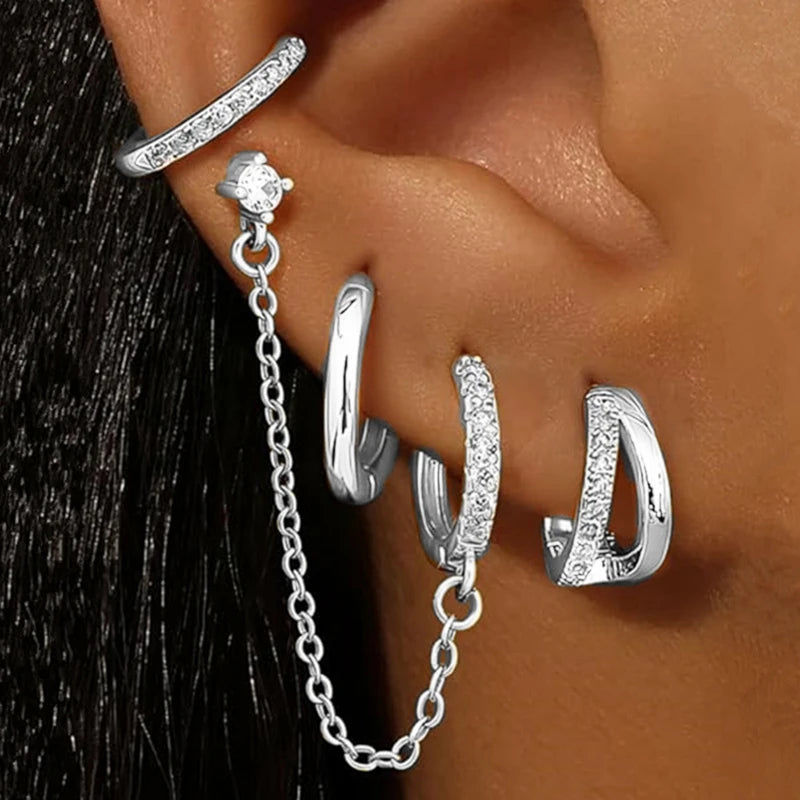 4PC Chain Huggie Earring Set for Women Fashion Flower Tragus Hoop Earrings Bulk Cartilage Piercing Helix Jewelry Lobe Earing Lot