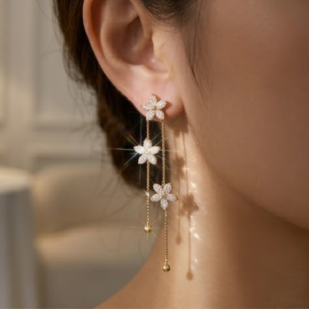 Long Elegant Snowflake Flower Tassel Earrings French Style
