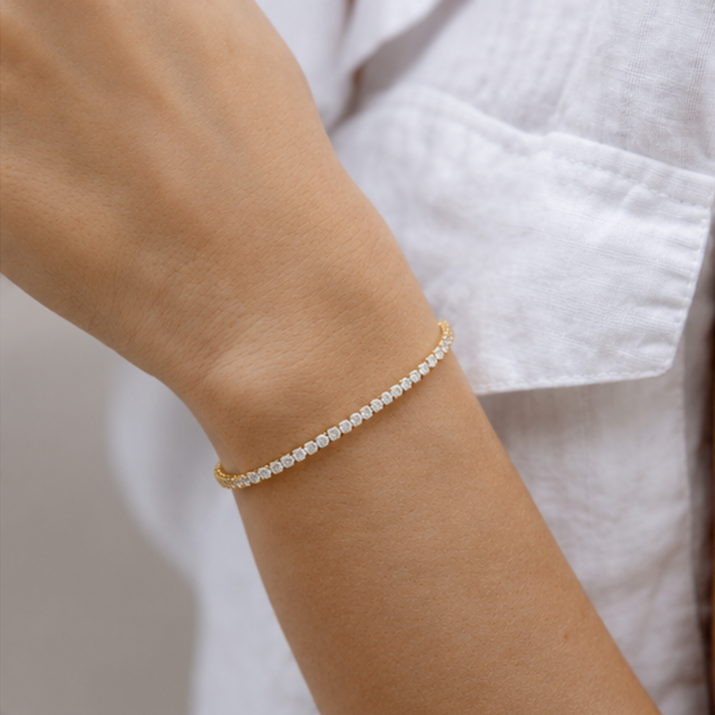 14K Gold Plated Cubic Zirconia Tennis Bracelet, Adjustable Dainty Jewelry, Bridal or Gift for Her, Elegant Statement or Everyday Accessory