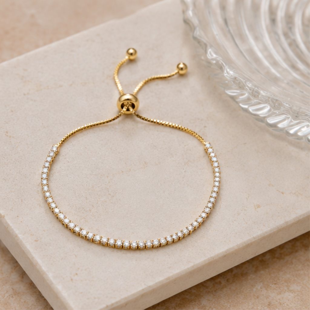 14K Gold Plated Cubic Zirconia Tennis Bracelet, Adjustable Dainty Jewelry, Bridal or Gift for Her, Elegant Statement or Everyday Accessory