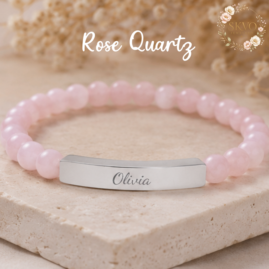 Engraved Bar Natural Stone Stretch Bracelet | Personalized Beaded Bracelet