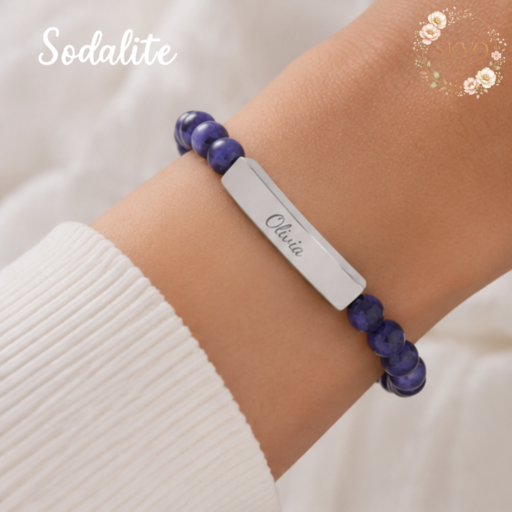 Engraved Bar Natural Stone Stretch Bracelet | Personalized Beaded Bracelet