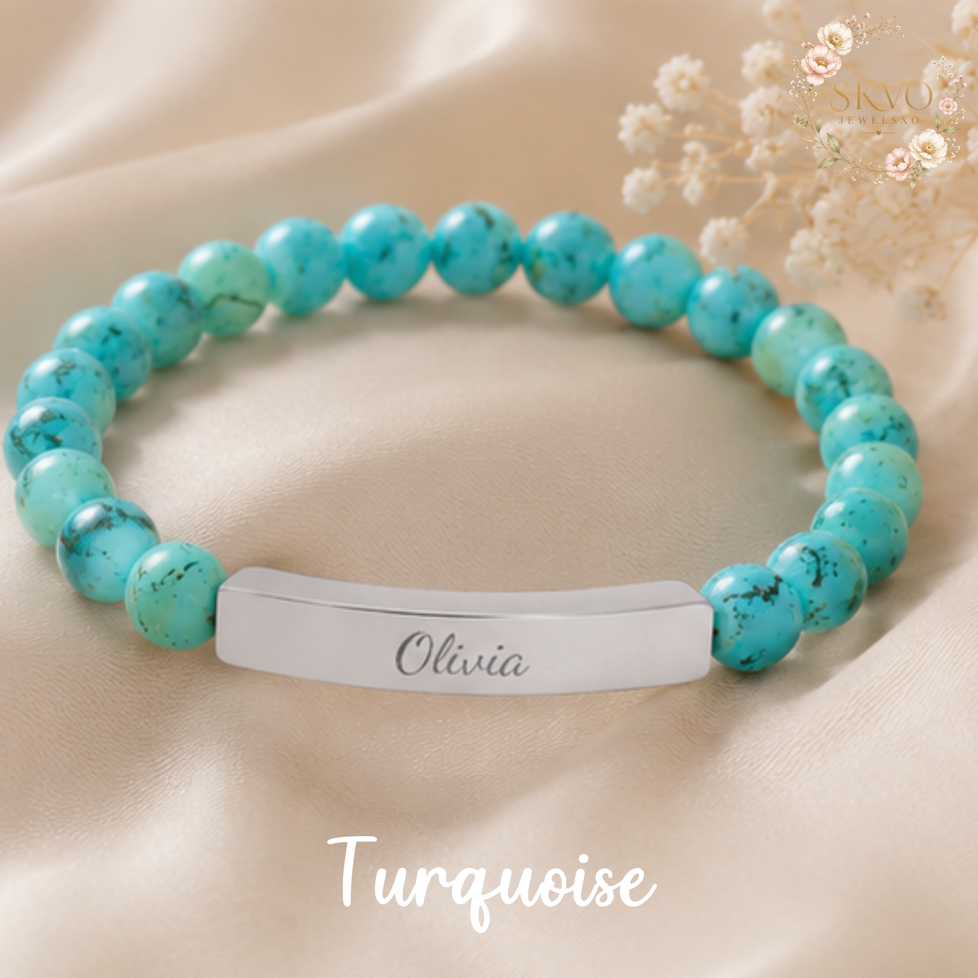 Engraved Bar Natural Stone Stretch Bracelet | Personalized Beaded Bracelet