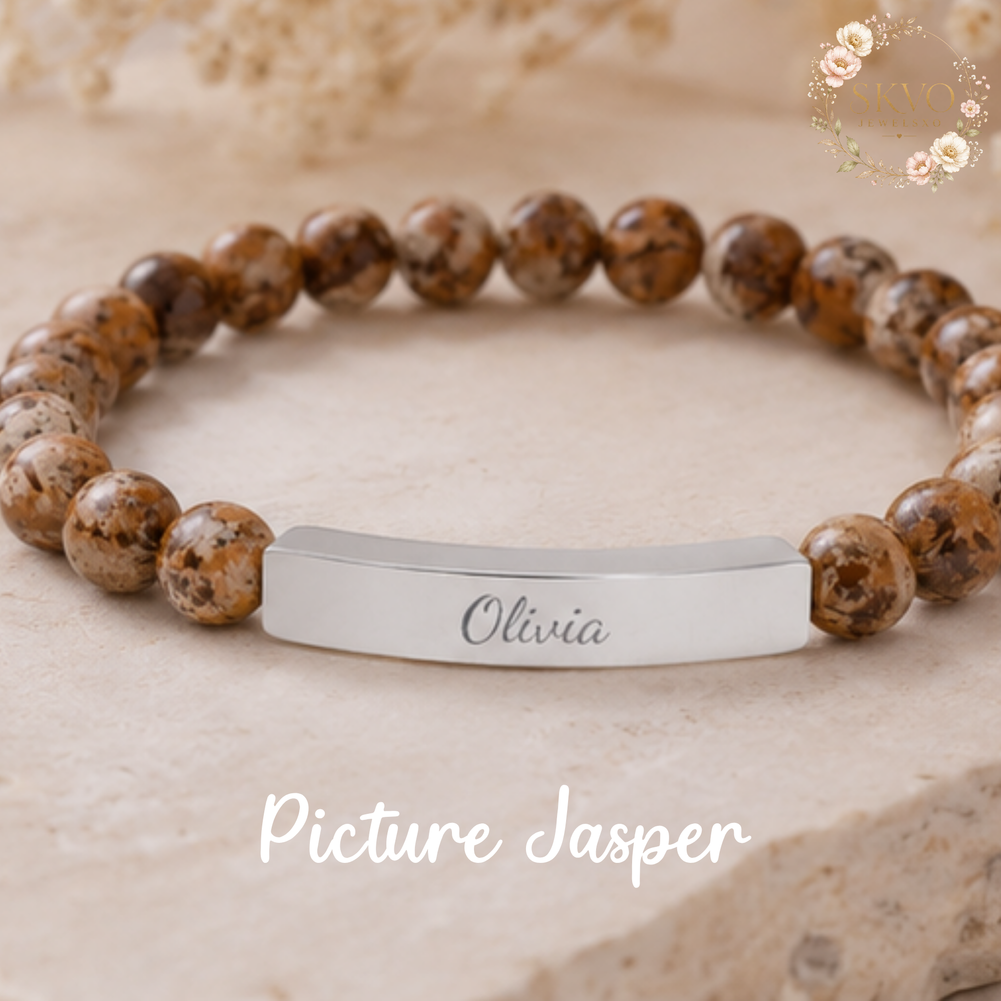 Engraved Bar Natural Stone Stretch Bracelet | Personalized Beaded Bracelet