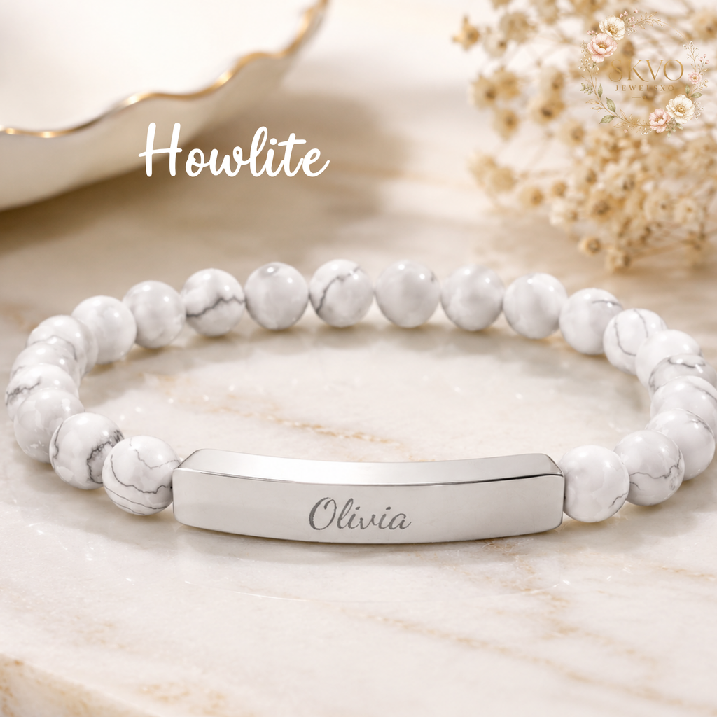 Engraved Bar Natural Stone Stretch Bracelet | Personalized Beaded Bracelet