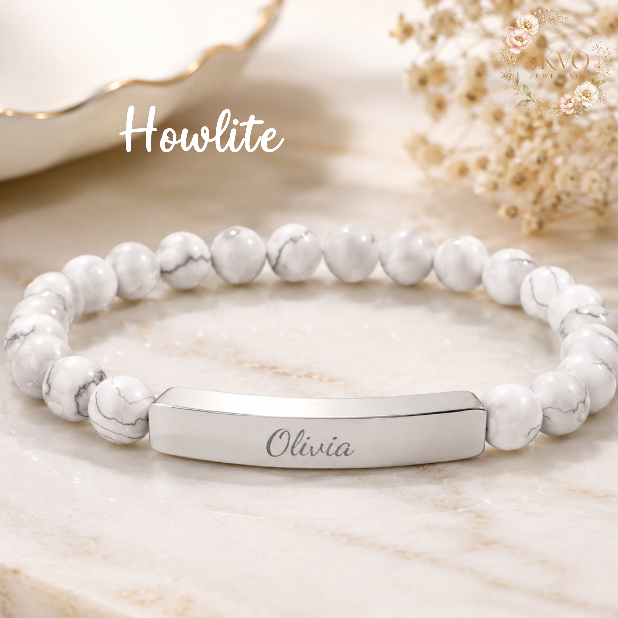 Engraved Bar Natural Stone Stretch Bracelet | Personalized Beaded Bracelet