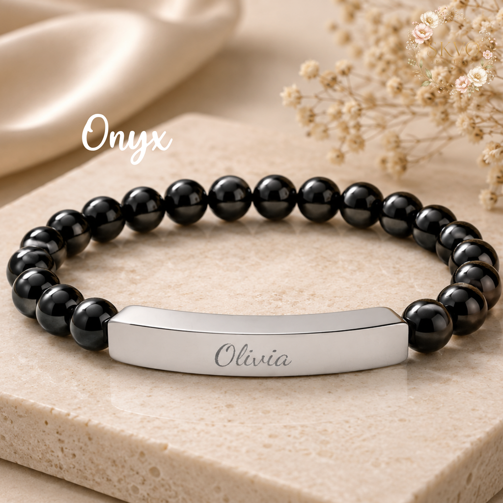 Engraved Bar Natural Stone Stretch Bracelet | Personalized Beaded Bracelet