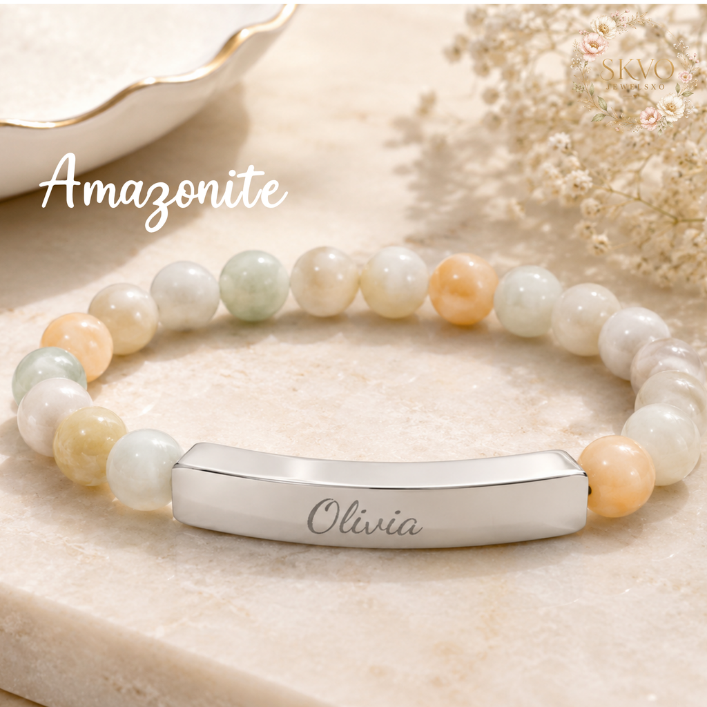 Engraved Bar Natural Stone Stretch Bracelet | Personalized Beaded Bracelet