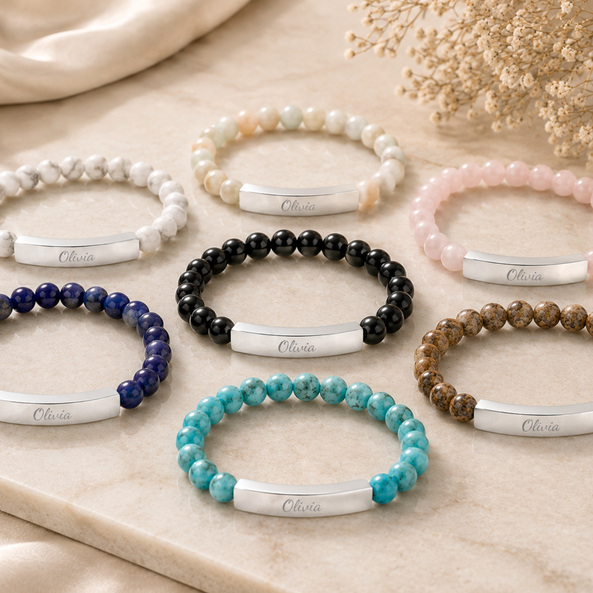 Engraved Bar Natural Stone Stretch Bracelet | Personalized Beaded Bracelet