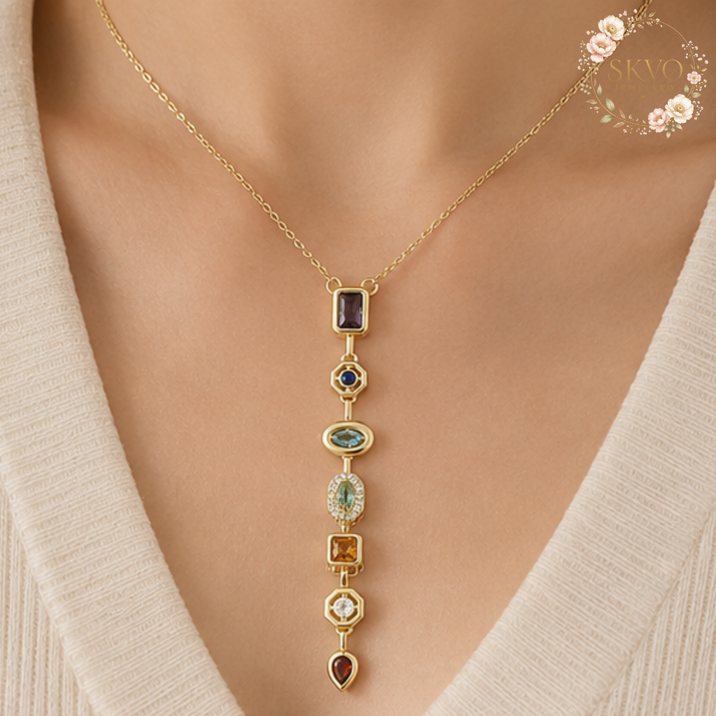 Gold Plated Chakra Stone Pendant Necklace | Seven Chakra Pave Necklace | Yoga Jewelry | Boho Rustic Necklace | Gift for her | Christmas Gift