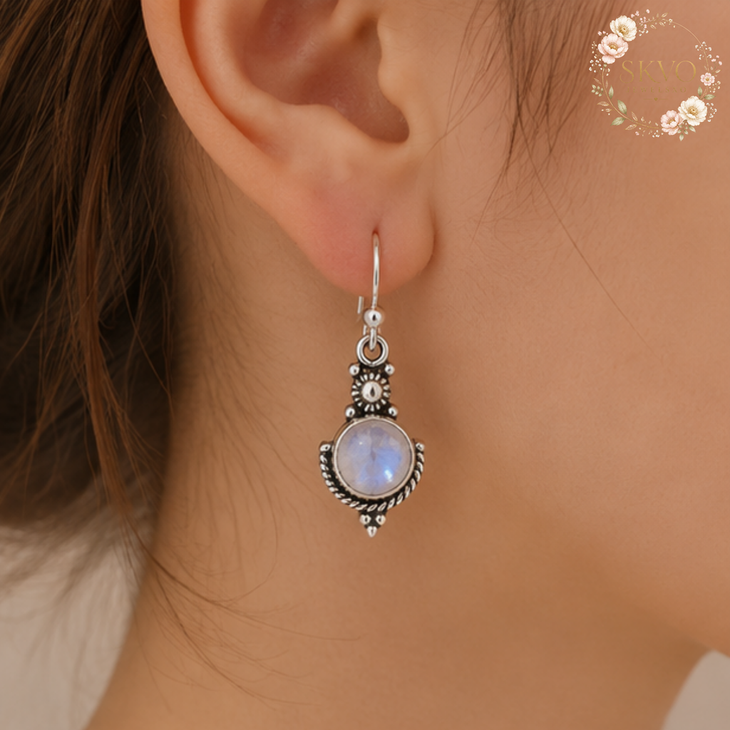 Moonstone Drop Earrings, 925 Sterling Silver Jewelry, Iridescent Moonstone, Dangle Silver Earrings, Gift for Her, Elegant Everyday Style