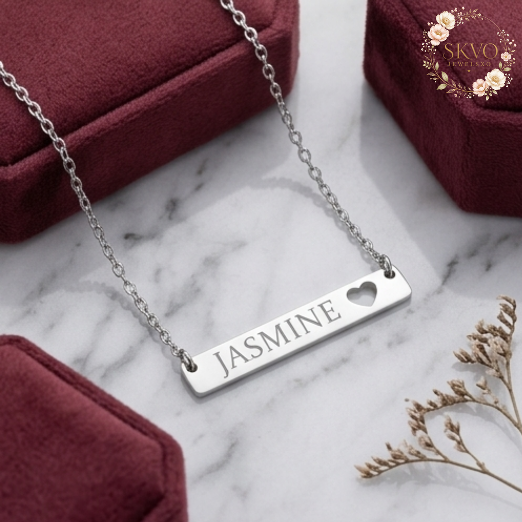 Cutout Heart Bar Necklace, Engraved Name Pendant