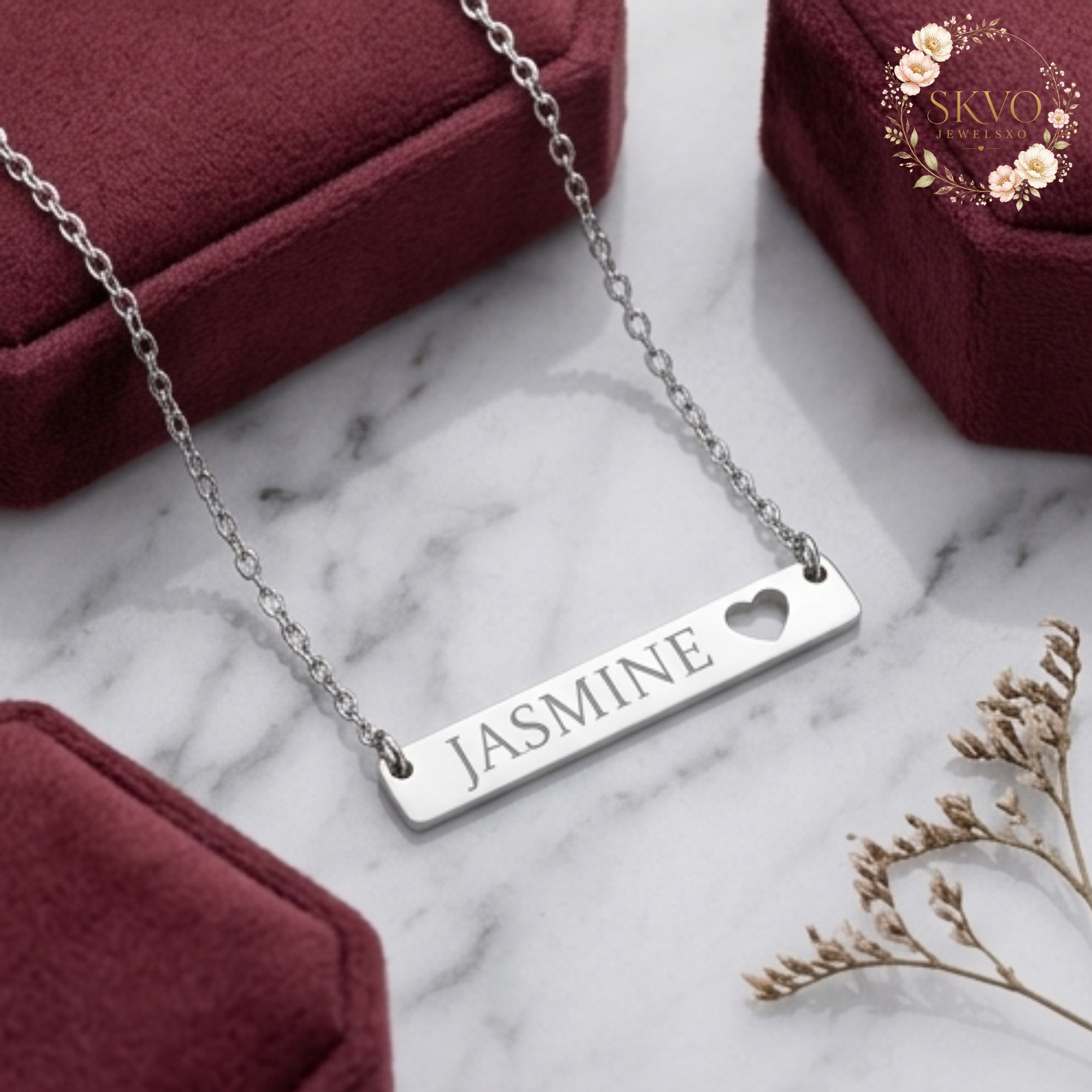 Cutout Heart Bar Necklace, Engraved Name Pendant