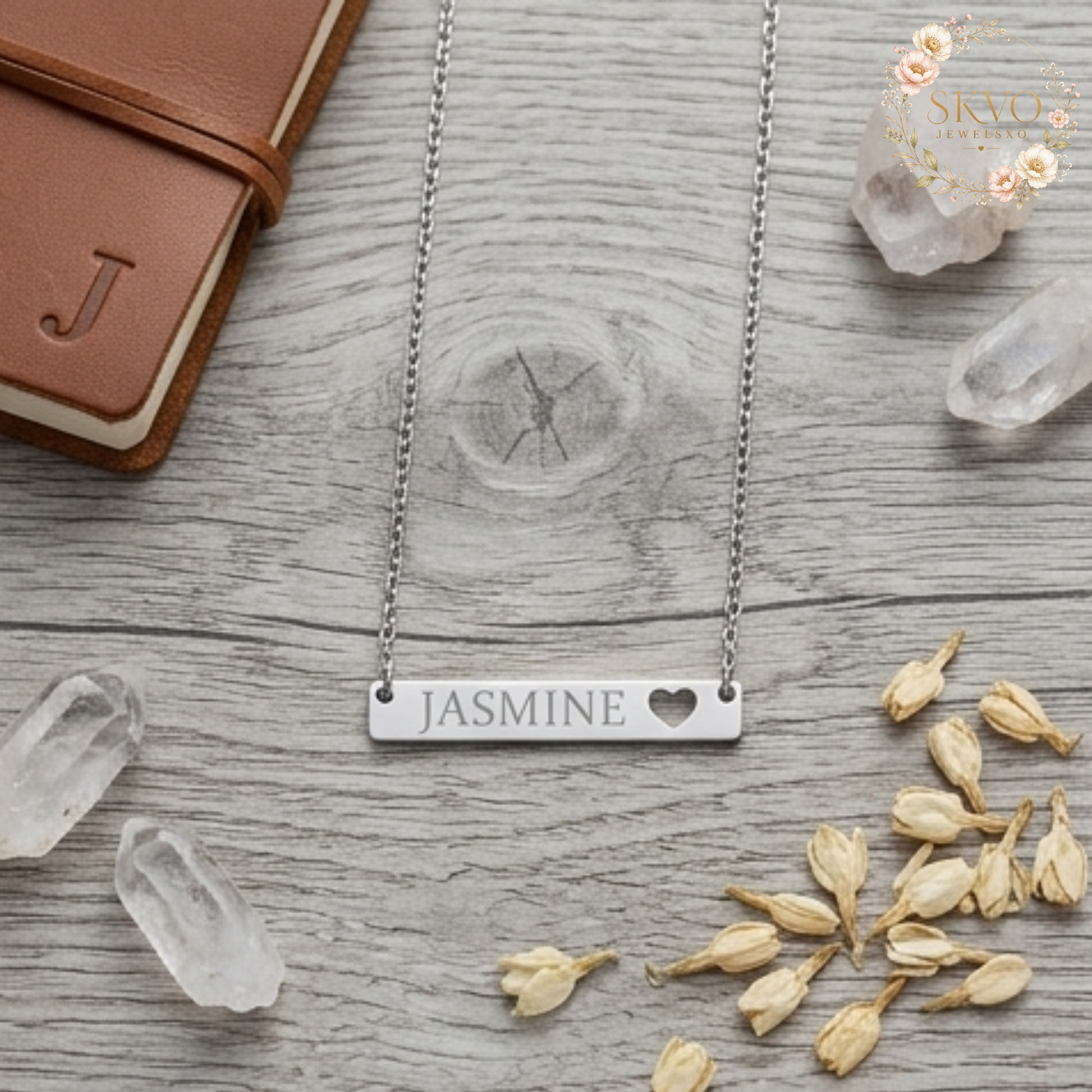 Cutout Heart Bar Necklace, Engraved Name Pendant
