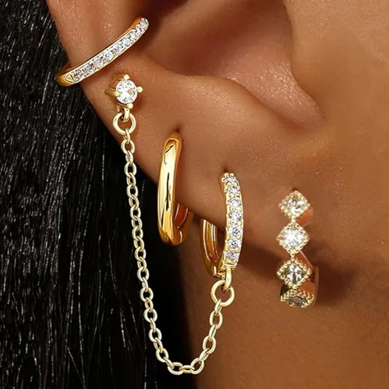 4PC Chain Huggie Earring Set for Women Fashion Flower Tragus Hoop Earrings Bulk Cartilage Piercing Helix Jewelry Lobe Earing Lot