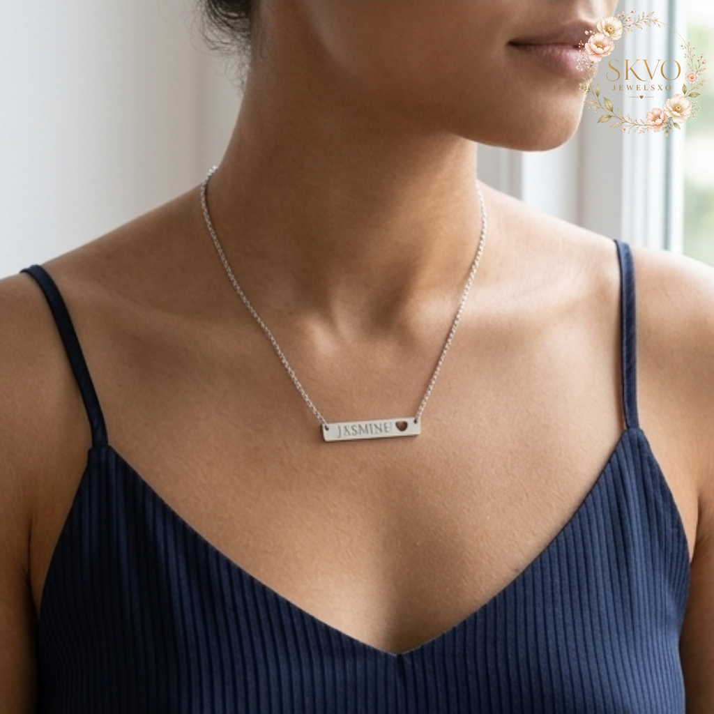 Cutout Heart Bar Necklace, Engraved Name Pendant