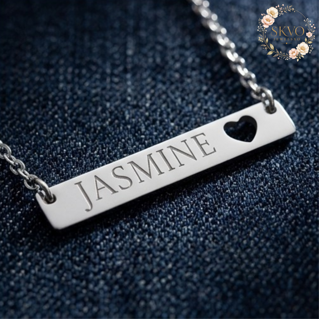 Cutout Heart Bar Necklace, Engraved Name Pendant