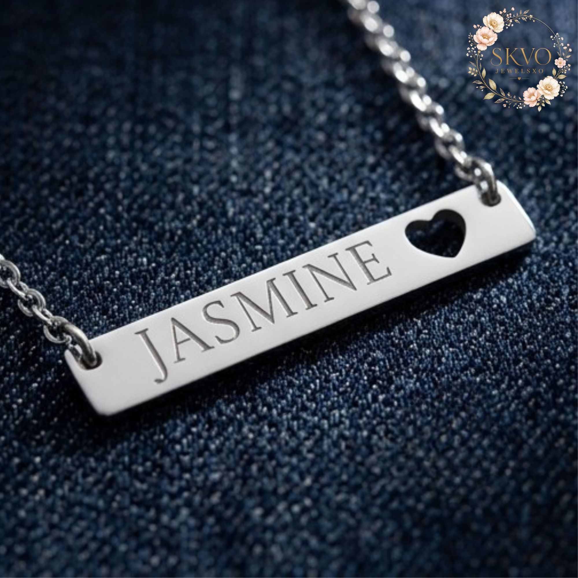 Cutout Heart Bar Necklace, Engraved Name Pendant