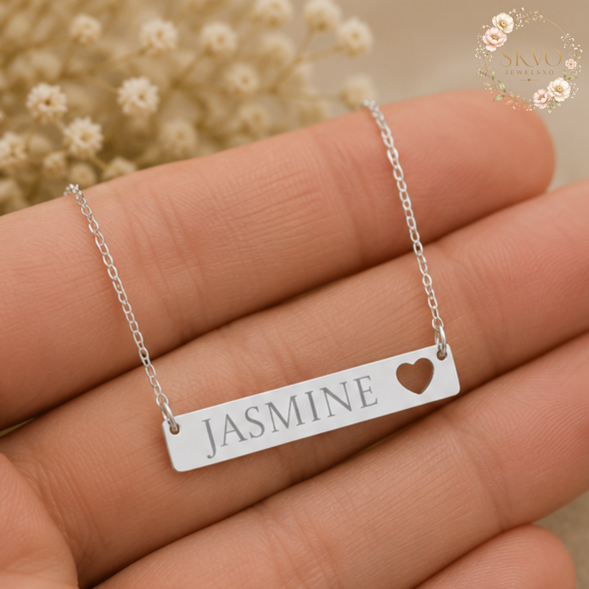 Cutout Heart Bar Necklace, Engraved Name Pendant
