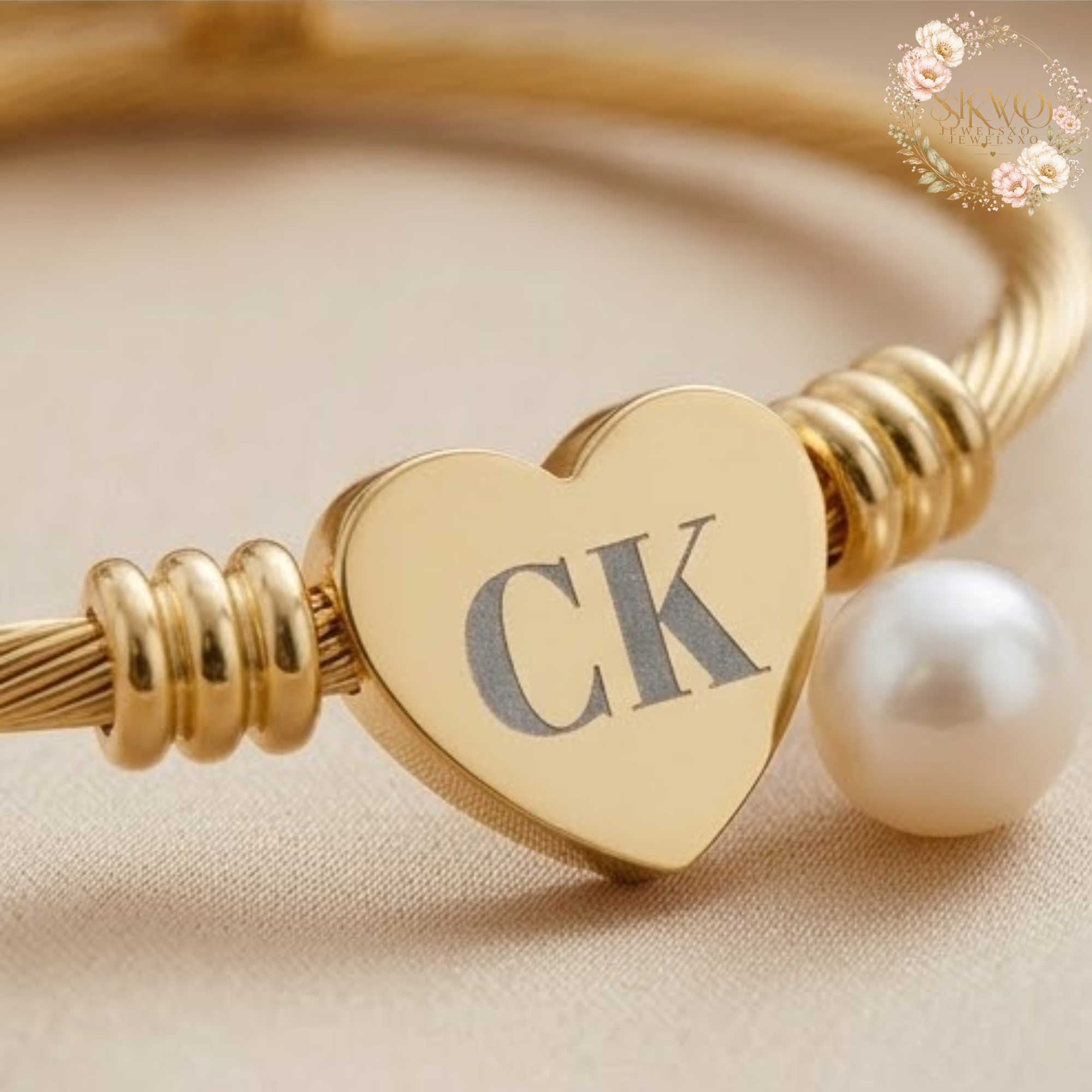 Engraved Heart Cuff Bracelet | Personalized Initials, Gold Plated
