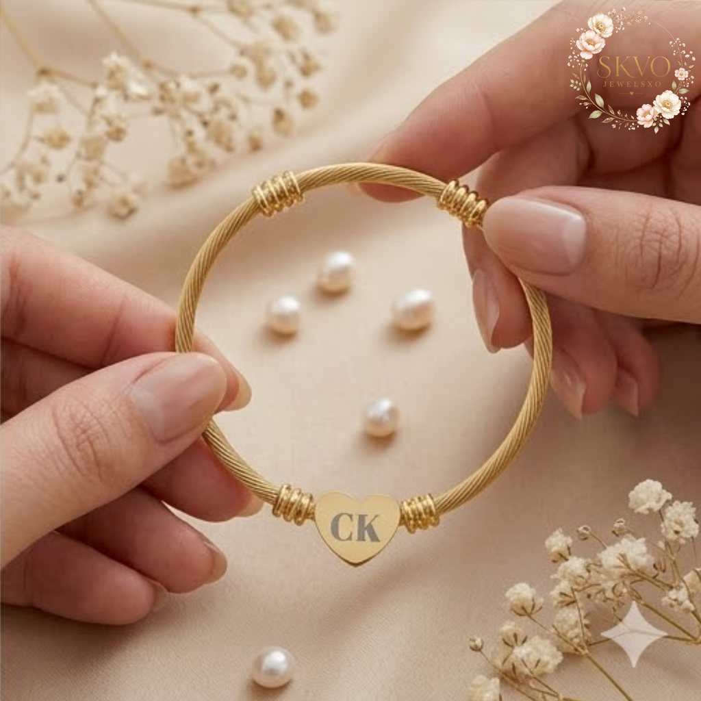 Engraved Heart Cuff Bracelet | Personalized Initials, Gold Plated