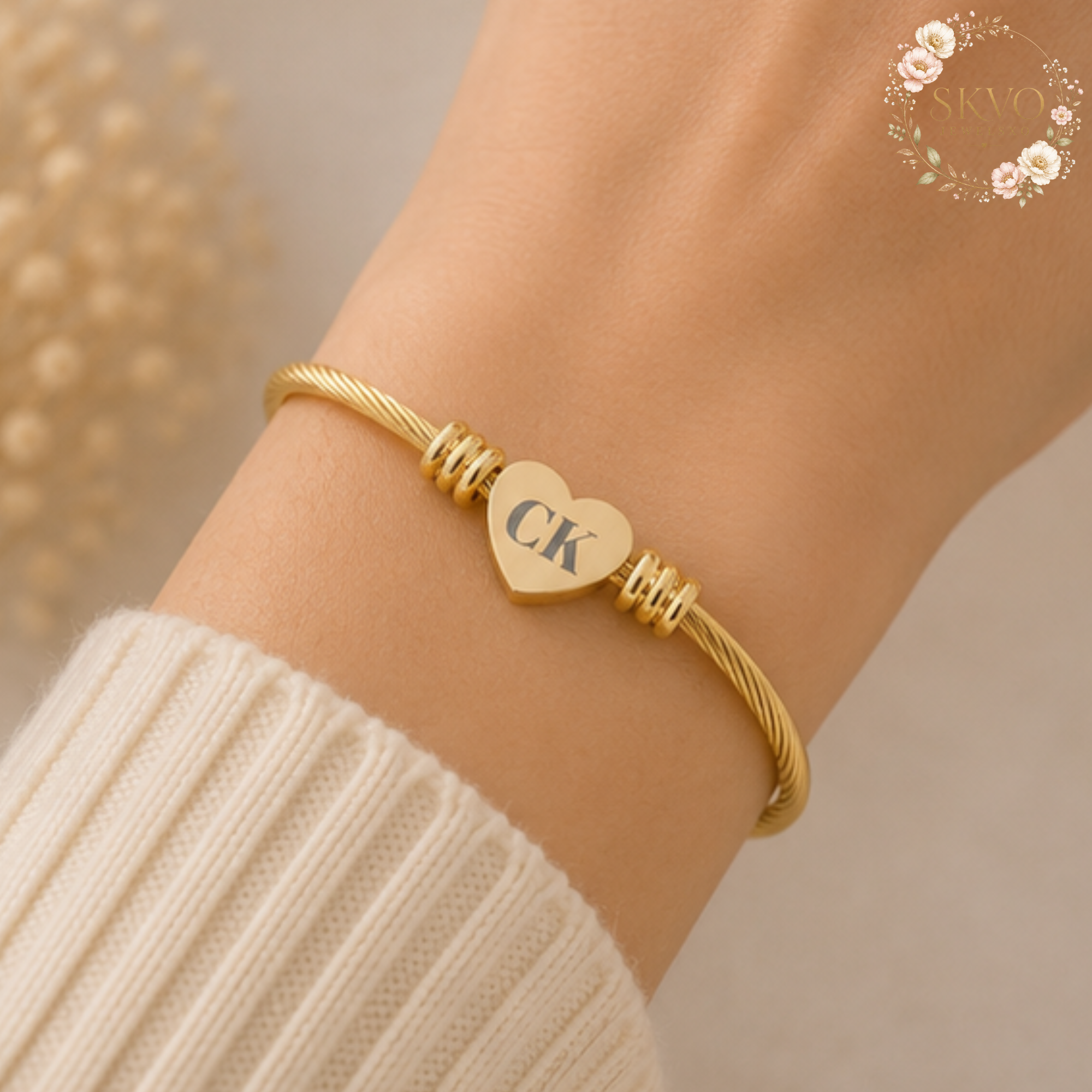 Engraved Heart Cuff Bracelet | Personalized Initials, Gold Plated