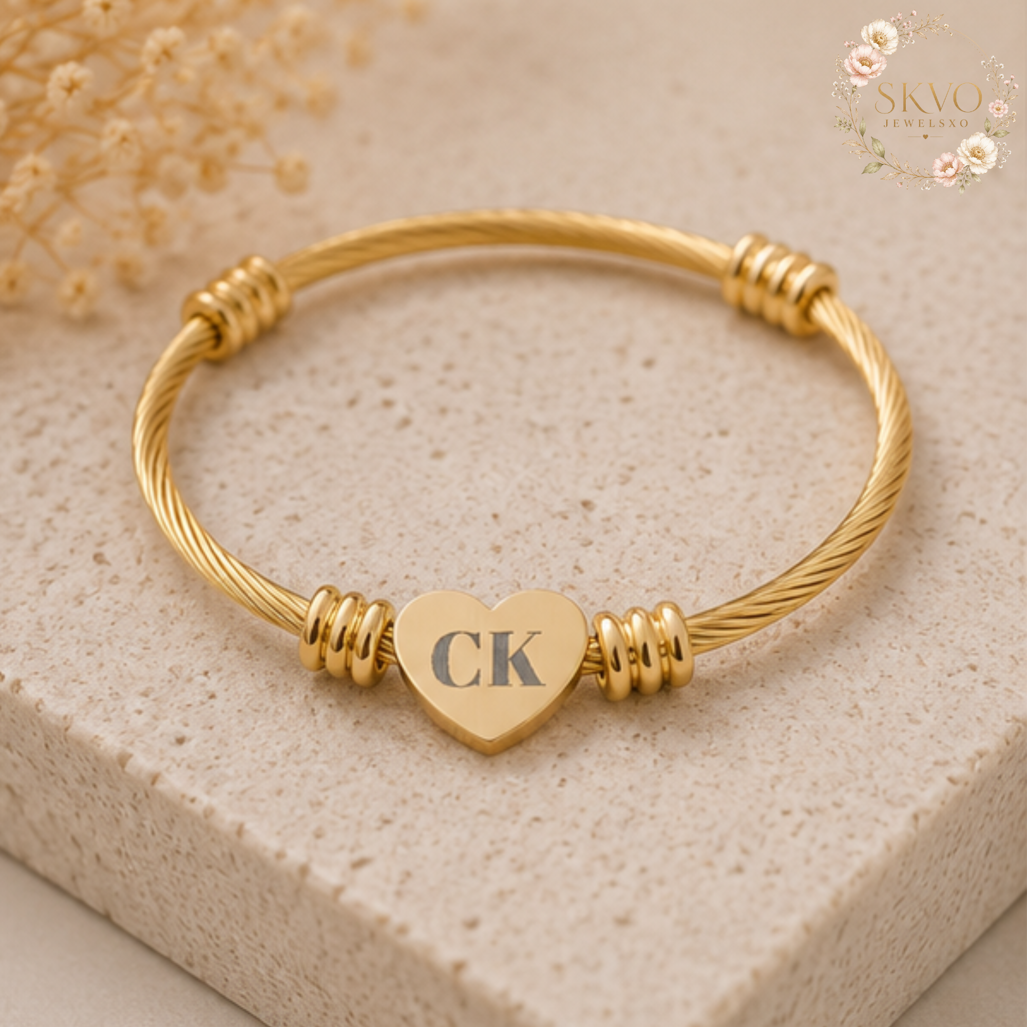 Engraved Heart Cuff Bracelet | Personalized Initials, Gold Plated