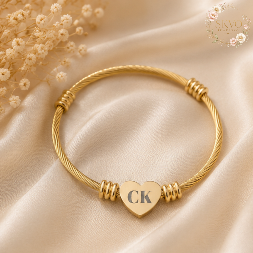 Engraved Heart Cuff Bracelet | Personalized Initials, Gold Plated