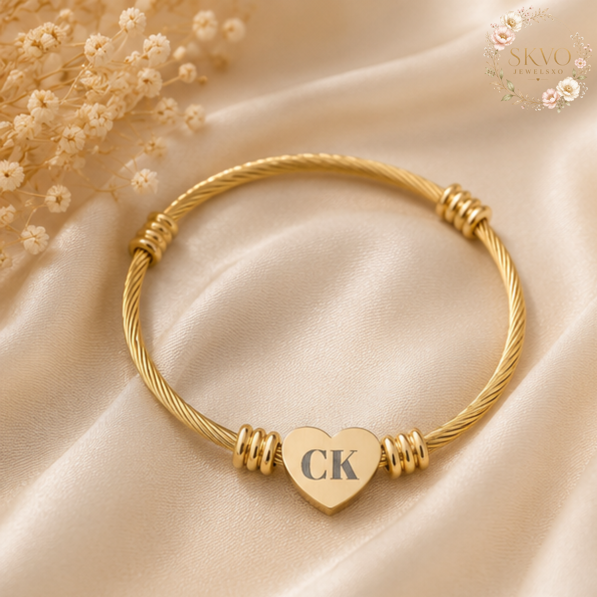 Engraved Heart Cuff Bracelet | Personalized Initials, Gold Plated