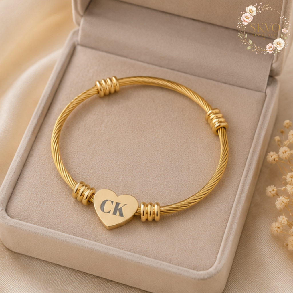 Engraved Heart Cuff Bracelet | Personalized Initials, Gold Plated