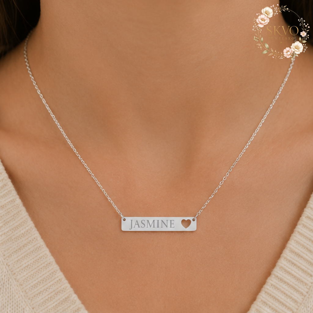 Cutout Heart Bar Necklace, Engraved Name Pendant