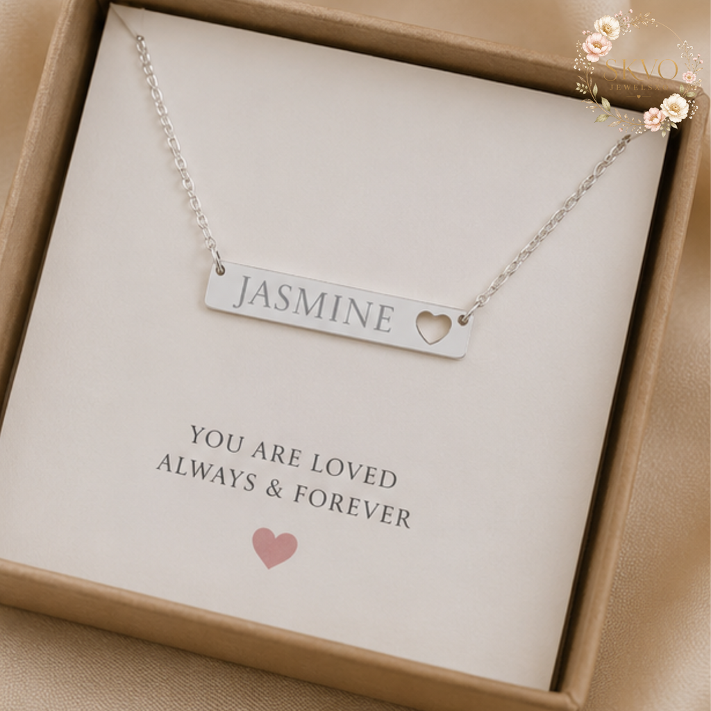 Cutout Heart Bar Necklace, Engraved Name Pendant