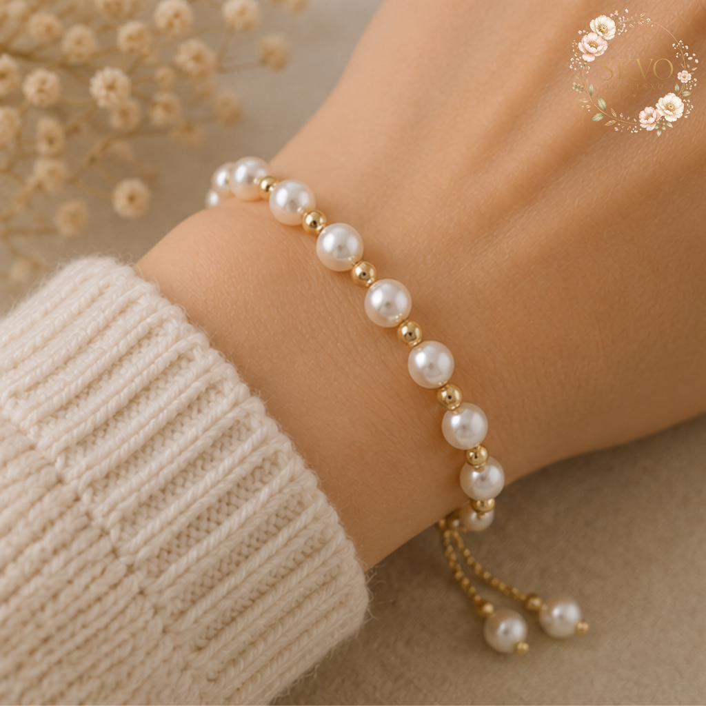 Pearl Bracelet, Pearl Jewelry, Adjustable Gold-Tone Chain, Bridal and Everyday Accessory