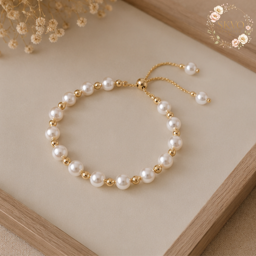 Pearl Bracelet, Pearl Jewelry, Adjustable Gold-Tone Chain, Bridal and Everyday Accessory