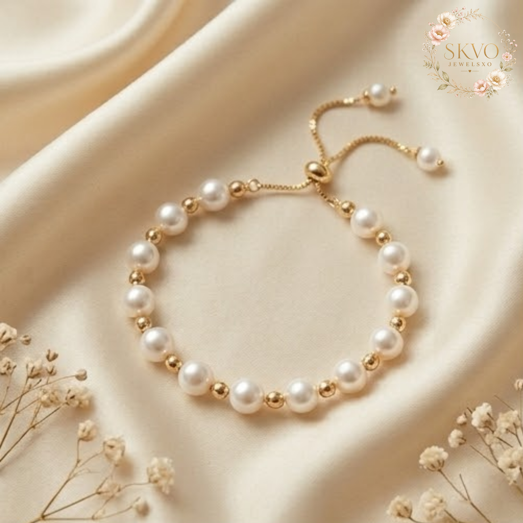 Pearl Bracelet, Pearl Jewelry, Adjustable Gold-Tone Chain, Bridal and Everyday Accessory