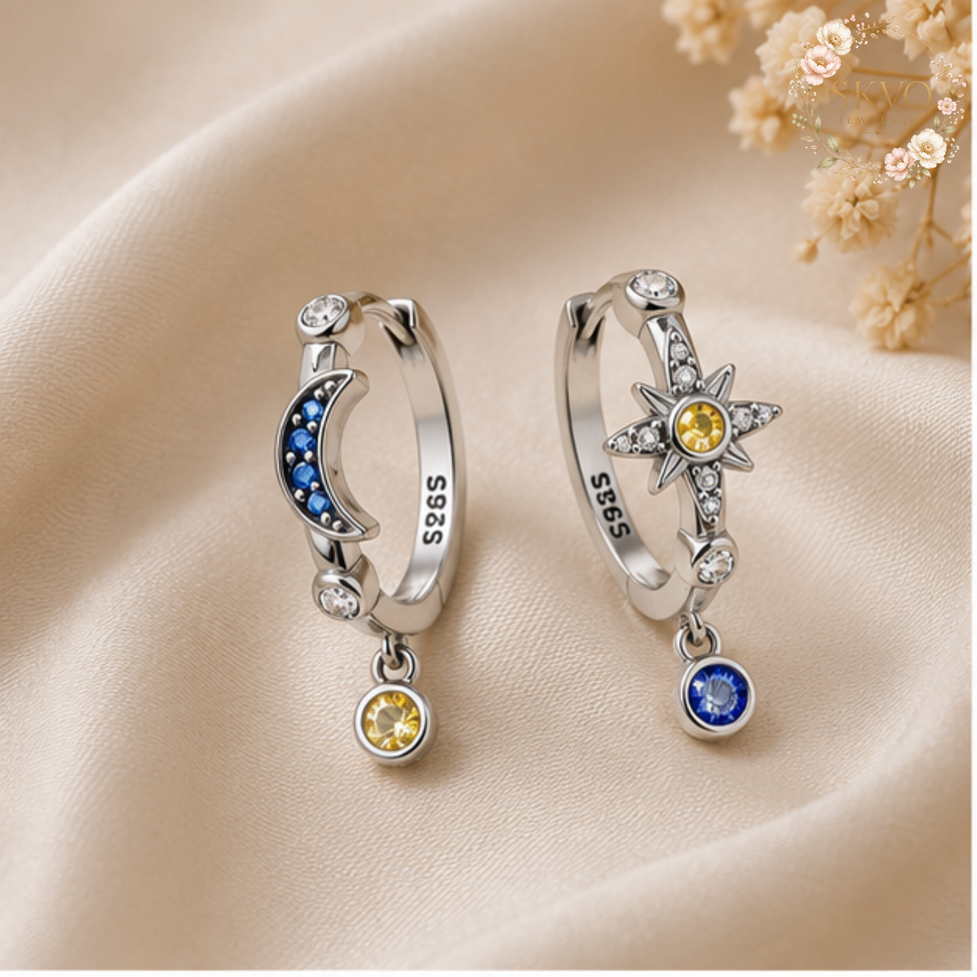 Celestial Moon Sun Earrings | Sterling Silver Tarot Jewelry with Gemstone Dangles | Cosmic Astrology Gift for Zodiac Lovers