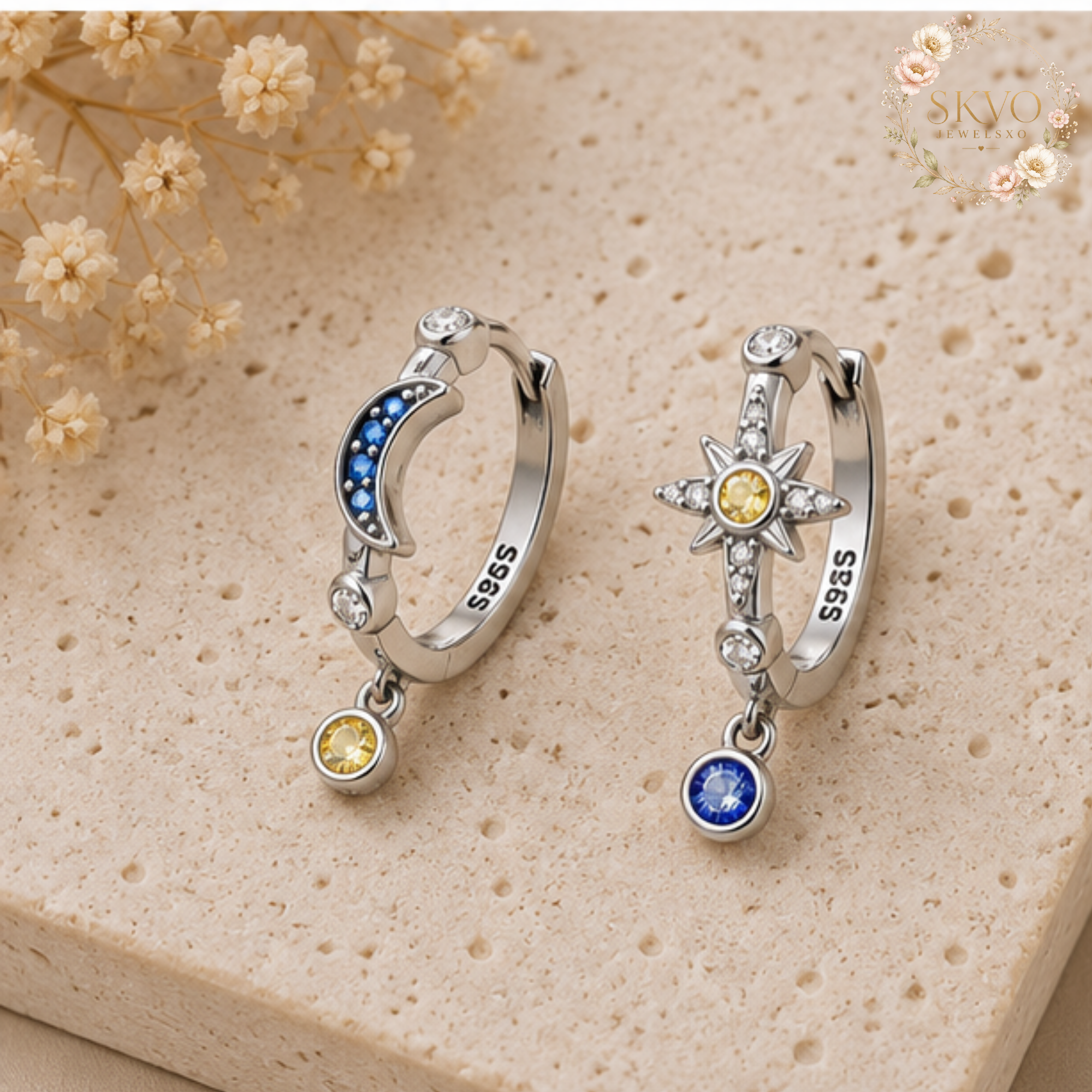 Celestial Moon Sun Earrings | Sterling Silver Tarot Jewelry with Gemstone Dangles | Cosmic Astrology Gift for Zodiac Lovers