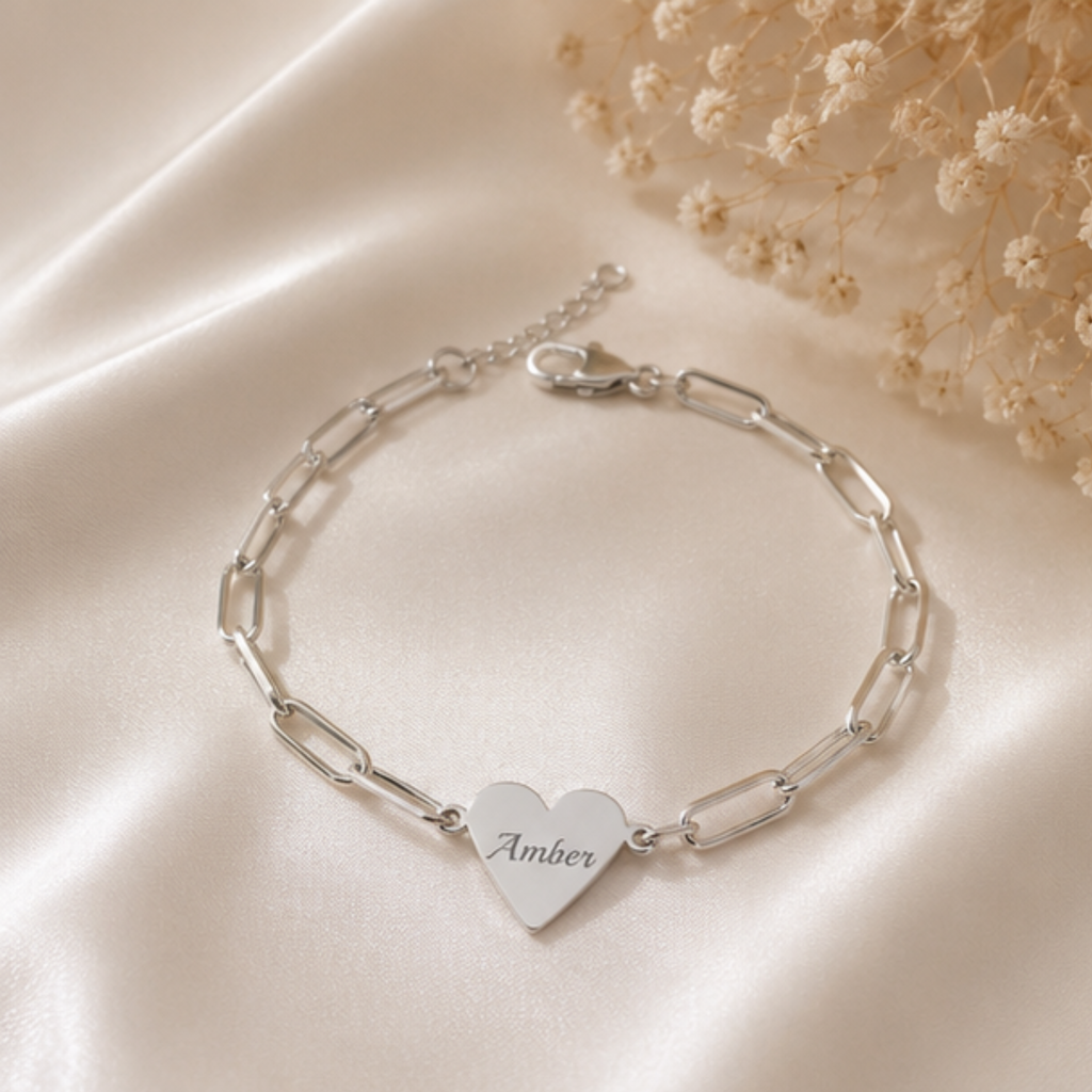 Engraved Heart Paperclip Bracelet | Personalized Initials, Sterling Look Chain