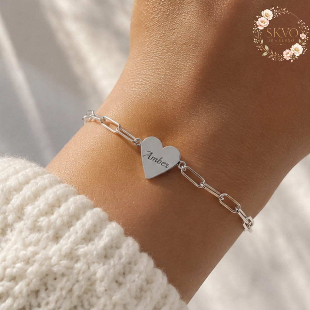 Engraved Heart Paperclip Bracelet | Personalized Initials, Sterling Look Chain