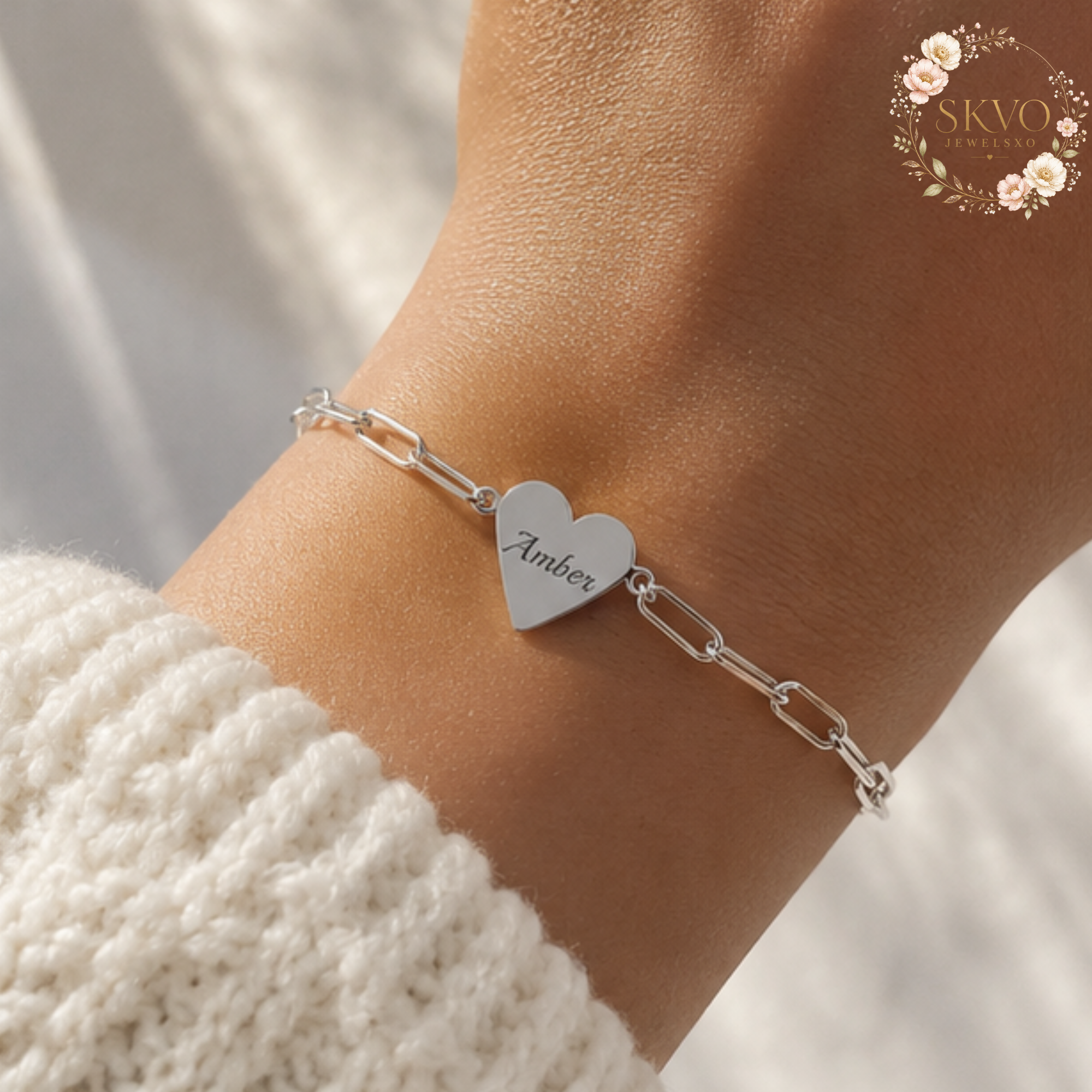 Engraved Heart Paperclip Bracelet | Personalized Initials, Sterling Look Chain