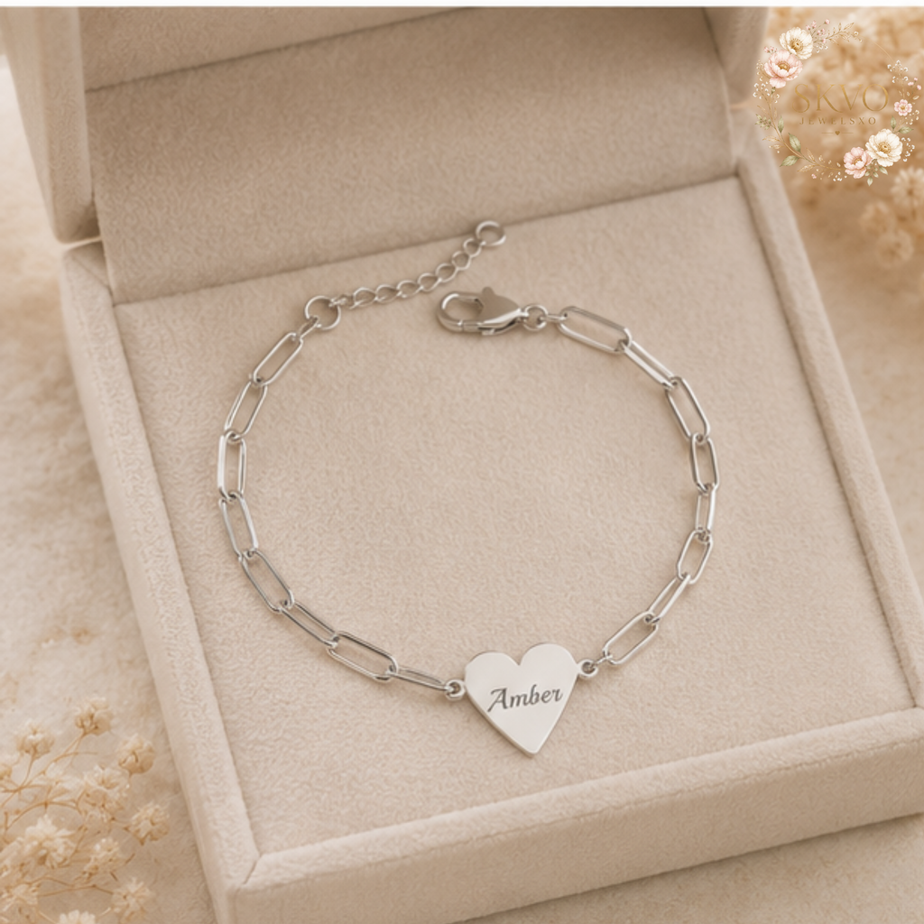 Engraved Heart Paperclip Bracelet | Personalized Initials, Sterling Look Chain