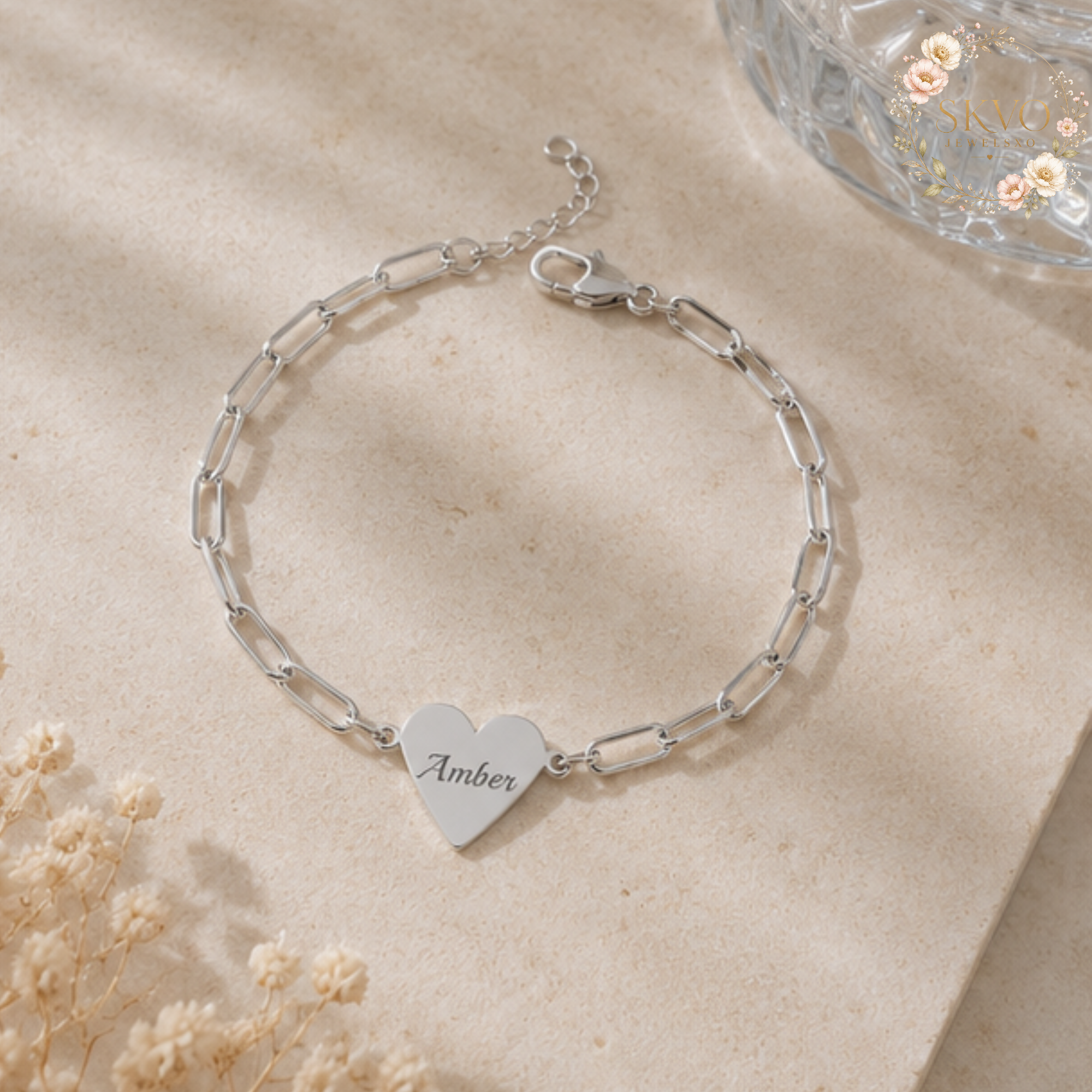 Engraved Heart Paperclip Bracelet | Personalized Initials, Sterling Look Chain