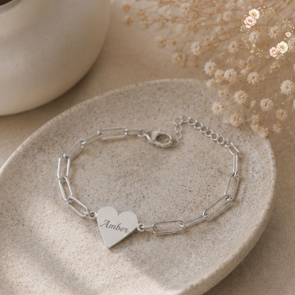 Engraved Heart Paperclip Bracelet | Personalized Initials, Sterling Look Chain