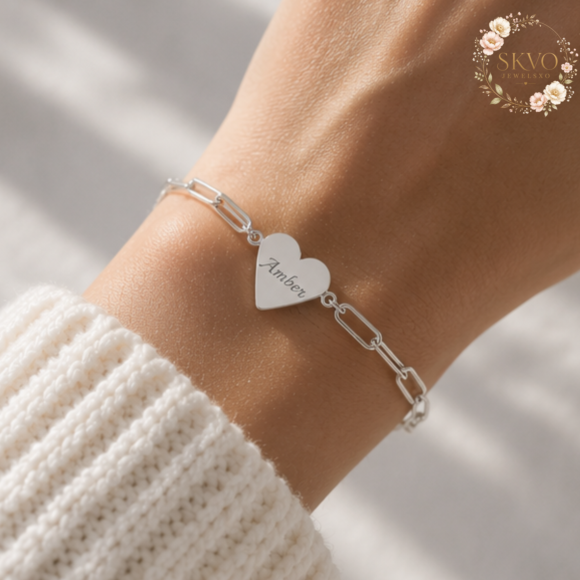 Engraved Heart Paperclip Bracelet | Personalized Initials, Sterling Look Chain