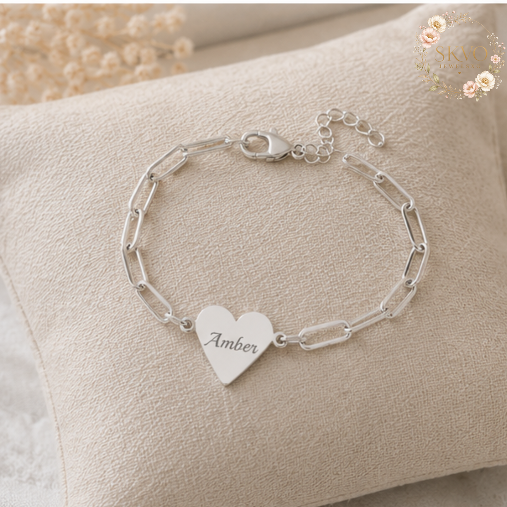 Engraved Heart Paperclip Bracelet | Personalized Initials, Sterling Look Chain
