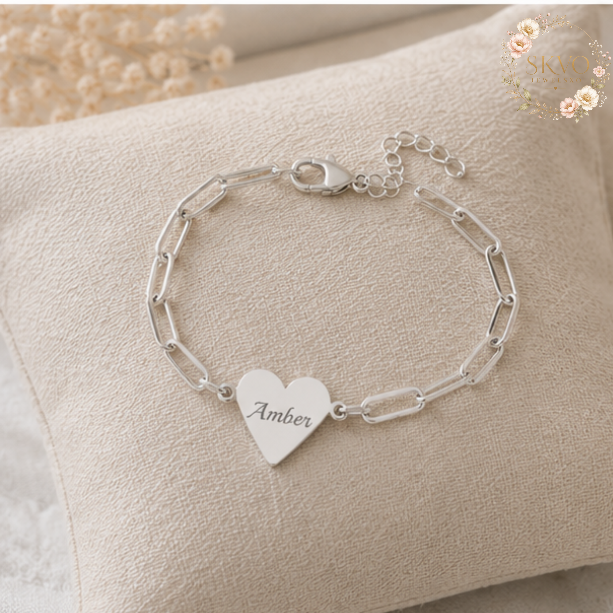 Engraved Heart Paperclip Bracelet | Personalized Initials, Sterling Look Chain