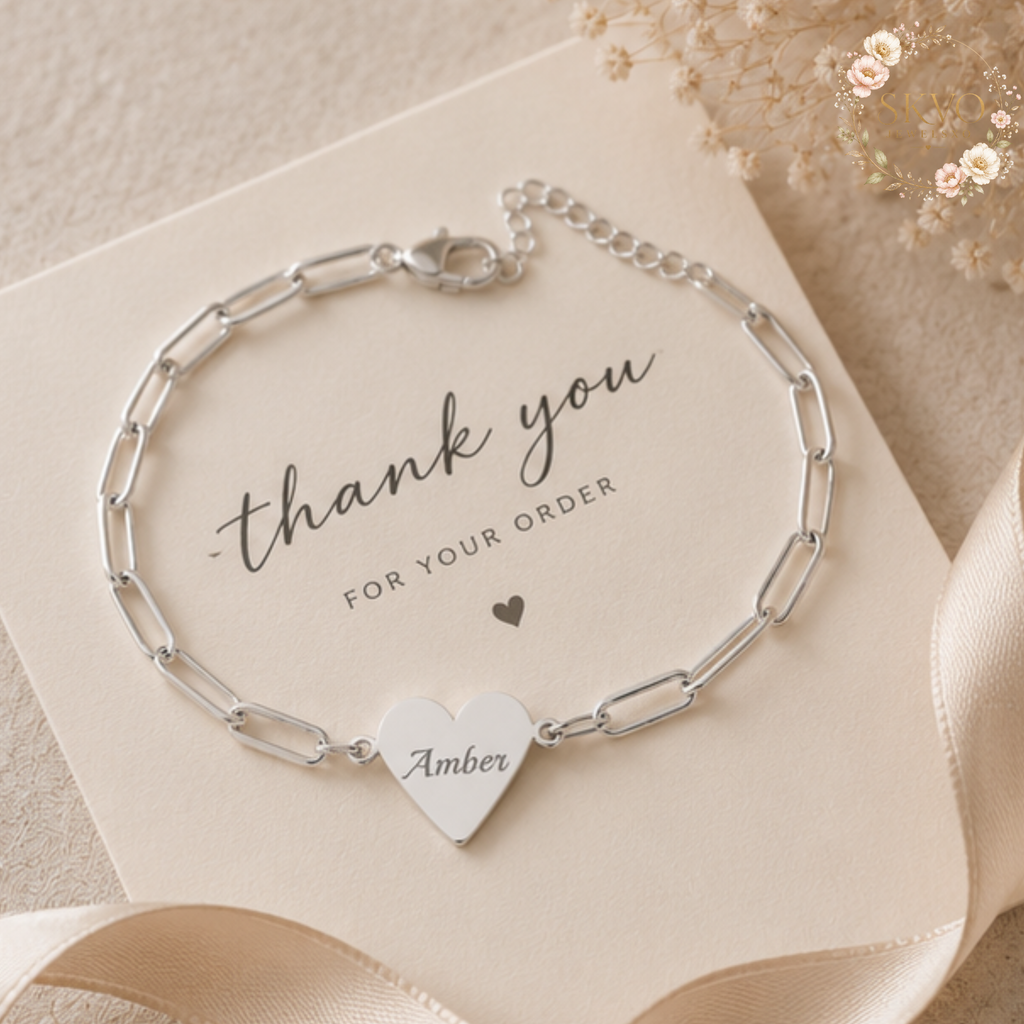 Engraved Heart Paperclip Bracelet | Personalized Initials, Sterling Look Chain
