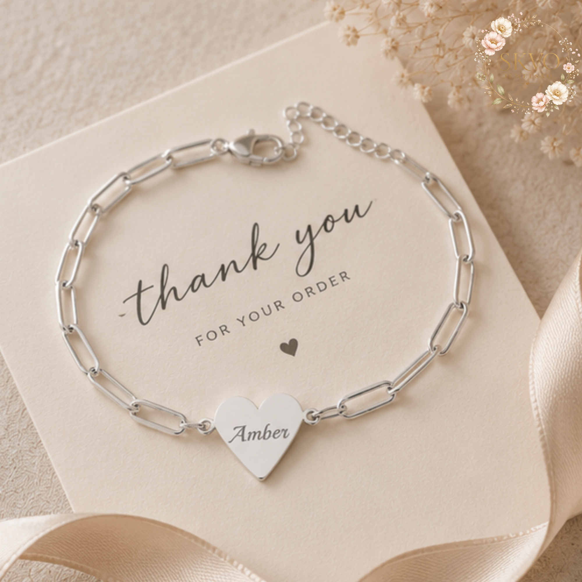 Engraved Heart Paperclip Bracelet | Personalized Initials, Sterling Look Chain