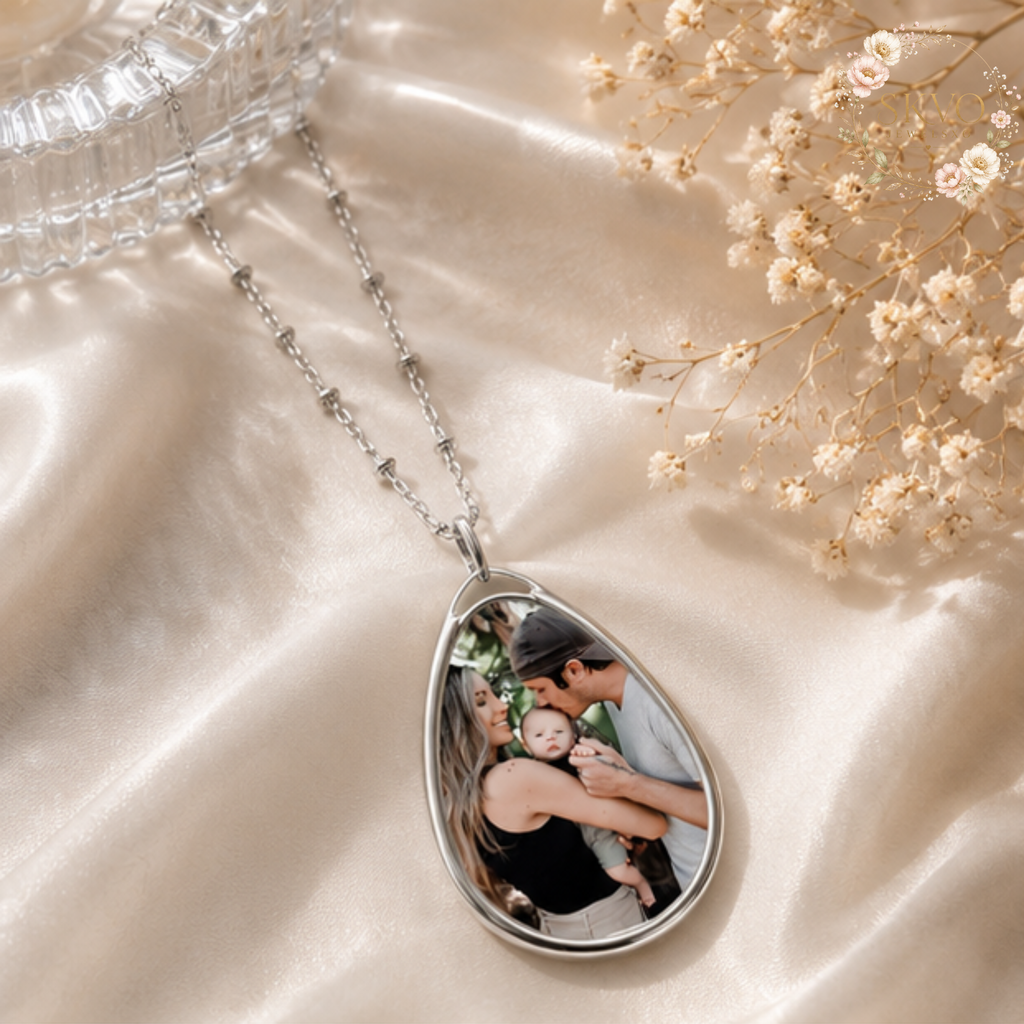 Personal Photo Oval Necklace | Engraved Teardrop Pendant, Custom Picture Jewelry