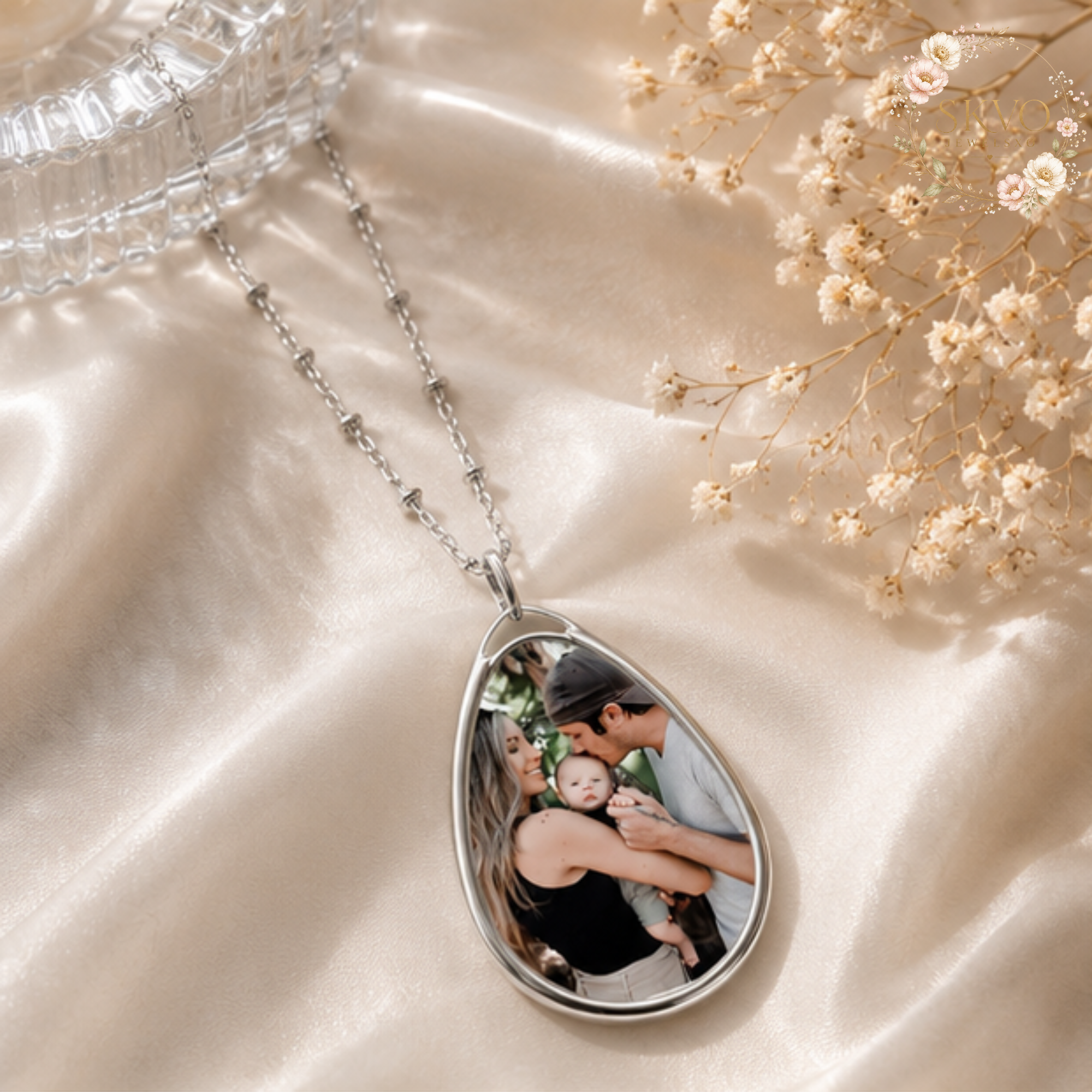 Personal Photo Oval Necklace | Engraved Teardrop Pendant, Custom Picture Jewelry